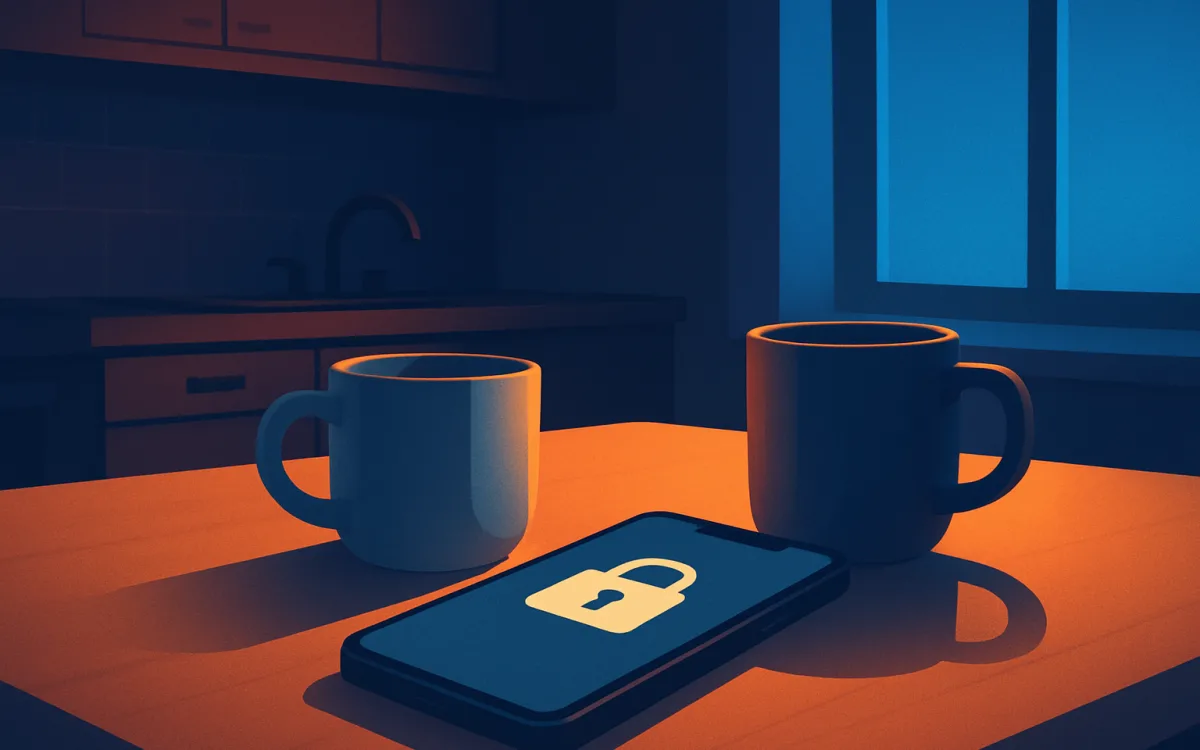 A phone handed across a kitchen table — the conversation before the purchase