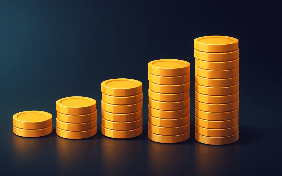 Five stacks of coins of increasing size — the bigger the pack, the better the rate