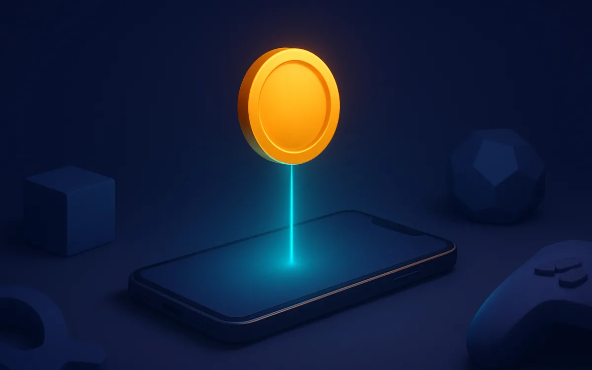 A generic virtual coin hovering over a phone — currency that only exists inside one platform